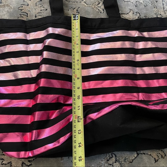 Victoria's Secret Overnight Canvas Purse Metallic Pink w/ Black Stripes Tote - Picture 12 of 13